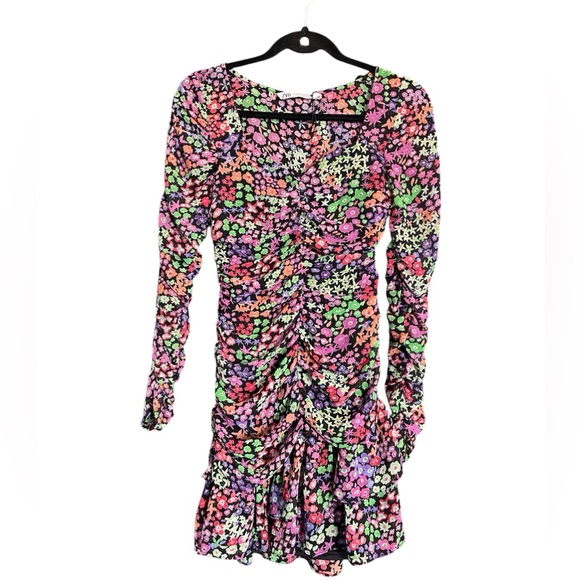 NWOT Zara Floral Ruched Minidress Sweetheart Neck size Extra Small - Picture 2 of 11
